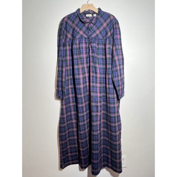 LL Bean LN Blue/Purple/Green Scotch Plaid Flannel Long Slv Nightgown Pajamas 2X - Picture 1 of 7